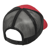 The S&S Activewear Retro Trucker Cap is shown from the back in red and black, featuring a mesh design, adjustable snapback closure, and classic style.