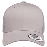 The S&S Activewear Retro Trucker Cap features a plain light gray front, mesh sides, a sticker on the brim, and a classic snapback closure, displayed from the front.