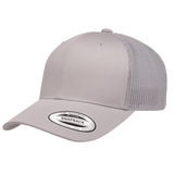 A light gray S&S Activewear Retro Trucker Cap featuring a mesh back, snapback closure, and a brim sticker that reads "The Authentic Snapback Yupoong.