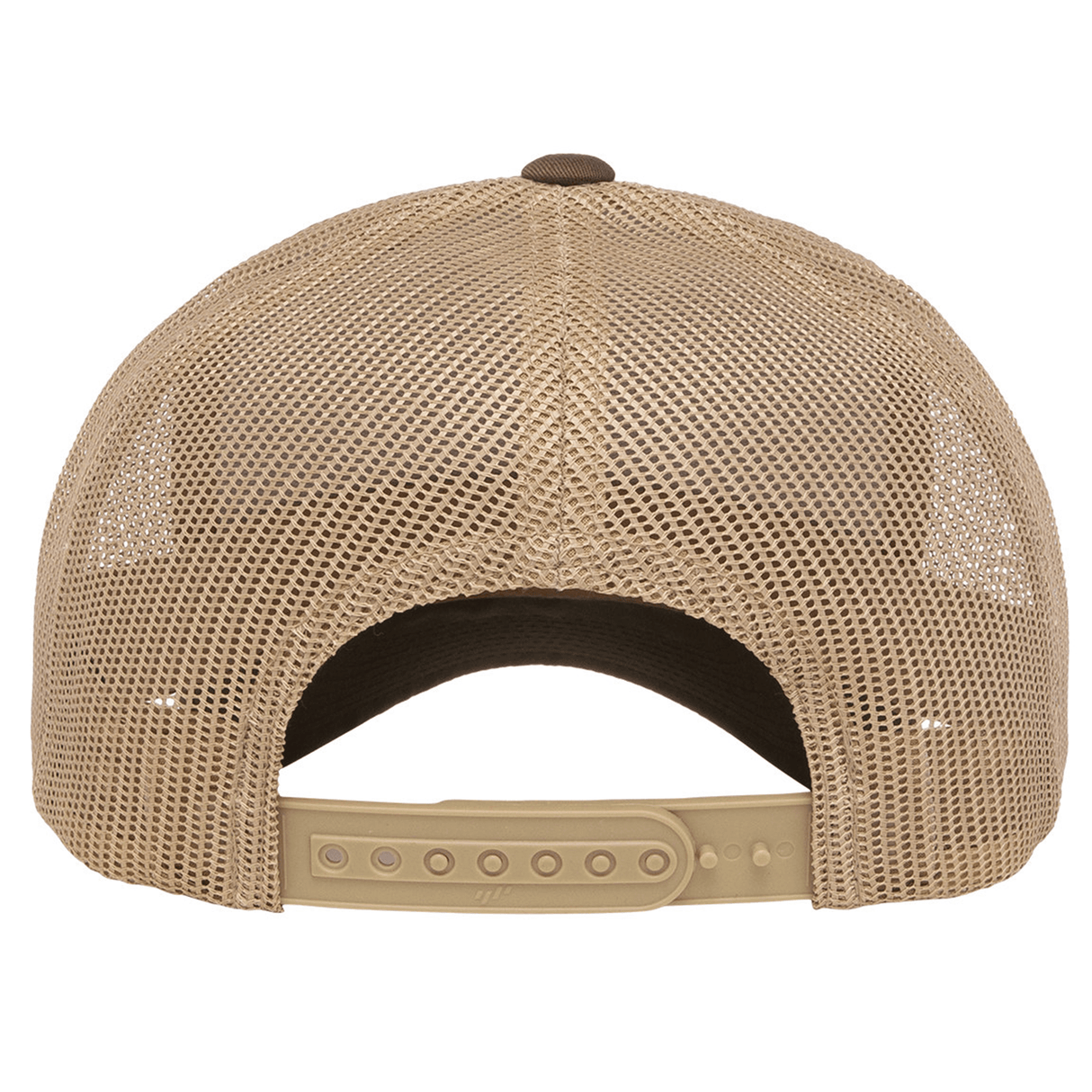 Back view of the S&S Activewear Retro Trucker Cap with tan mesh and an adjustable snapback closure for a custom fit.