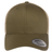 Front view of an olive green S&S Activewear Retro Trucker Cap featuring an embroidered design, beige mesh back, snapback closure, and a sticker on the brim.