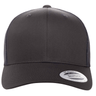 The S&S Activewear Retro Trucker Cap is black with an embroidered design, mesh back, and a brim sticker showing product details.