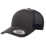 The S&S Activewear Retro Trucker Cap features a dark gray color, mesh back, front embroidery, snapback closure, and a brim sticker label.