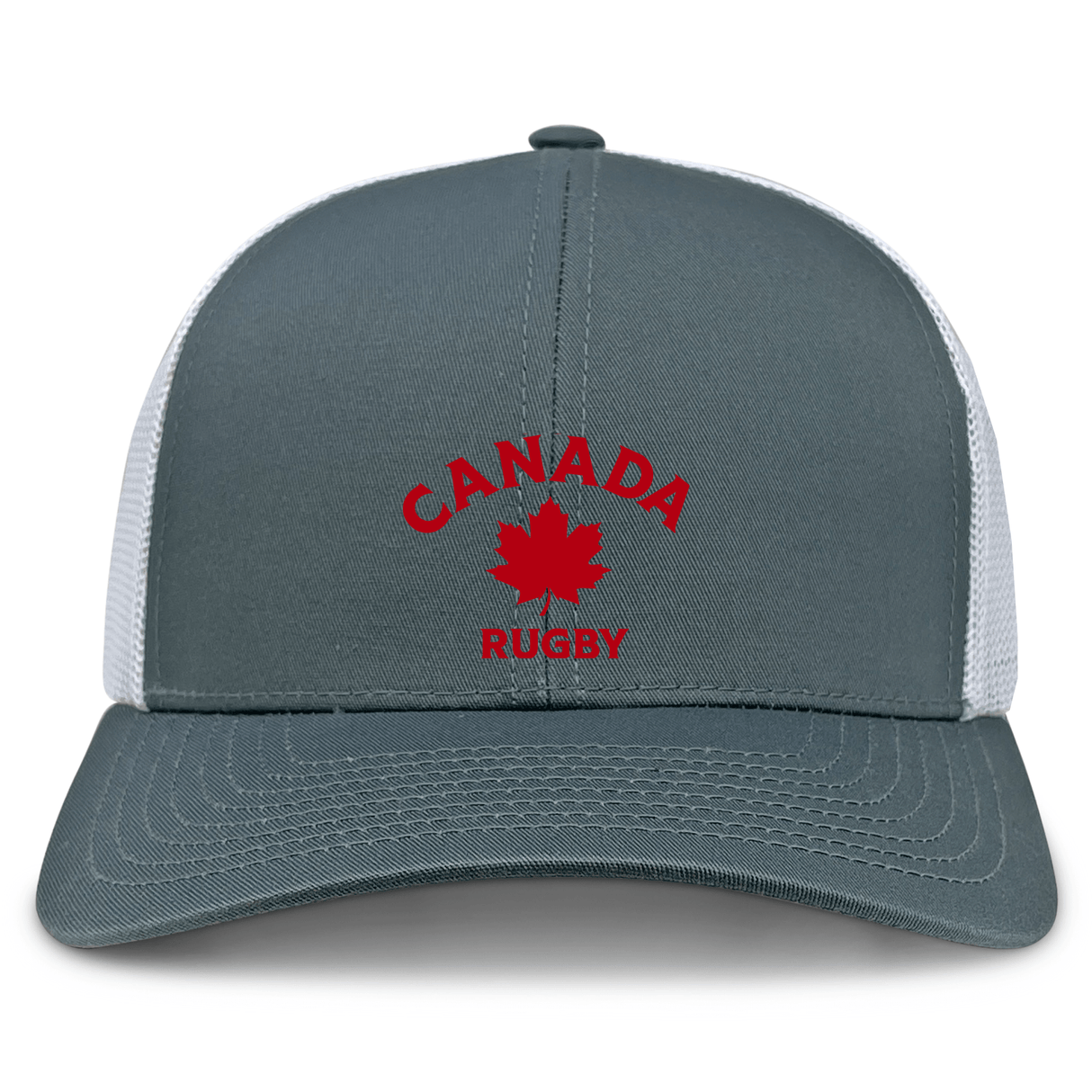 The Nations of Rugby Canada Rugby Retro Trucker Cap by EMB S&S Activewear features gray and white panels, red "CANADA RUGBY" text, a red maple leaf on the front, and is crafted from polyester-cotton for comfort.