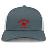 The Nations of Rugby Canada Rugby Retro Trucker Cap by EMB S&S Activewear features gray and white panels, red "CANADA RUGBY" text, a red maple leaf on the front, and is crafted from polyester-cotton for comfort.