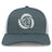 Introducing the Missoula All-Maggots Retro Trucker Cap by EMB S&S Activewear—a gray and white cap featuring a mesh back, adjustable snapback closure, and an eye-catching white spiral seashell embroidered on the front panel.