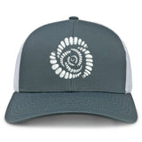 Introducing the Missoula All-Maggots Retro Trucker Cap by EMB S&S Activewear—a gray and white cap featuring a mesh back, adjustable snapback closure, and an eye-catching white spiral seashell embroidered on the front panel.