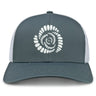 Introducing the Missoula All-Maggots Retro Trucker Cap by EMB S&S Activewear—a gray and white cap featuring a mesh back, adjustable snapback closure, and an eye-catching white spiral seashell embroidered on the front panel.