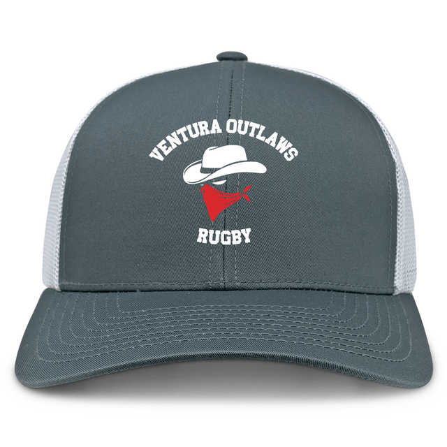 The Ventura Outlaws Rugby Retro Trucker Cap by EMB S&S Activewear features gray and white panels, front graphics of the team's name, cowboy hat, red bandana, and an adjustable snapback closure.