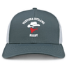The Ventura Outlaws Rugby Retro Trucker Cap by EMB S&S Activewear features gray and white panels, front graphics of the team's name, cowboy hat, red bandana, and an adjustable snapback closure.