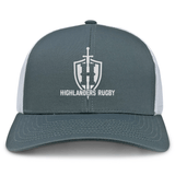 The Highlanders Rugby NC Retro Trucker Cap by EMB S&S Activewear features a gray and white design with an embroidered shield and sword logo above "HIGHLANDERS RUGBY" on the front and a snapback closure for a classic fit.
