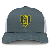 The Gotham Knights Retro Trucker Cap by EMB S&S Activewear features a gray and white design, a yellow and black dragon shield logo with "GKRFC NYC" embroidery on the front, and an adjustable snapback for a perfect fit.