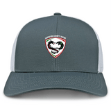 The Loudoun Retro Trucker Cap by EMB S&S Activewear features a gray and white design, an embroidered "Loudoun County Rugby" dragon on the front, and a snapback closure for adjustable fit.
