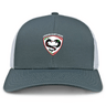 The Loudoun Retro Trucker Cap by EMB S&S Activewear features a gray and white design, an embroidered "Loudoun County Rugby" dragon on the front, and a snapback closure for adjustable fit.