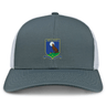 The Media Rugby Retro Trucker Cap by EMB S&S Activewear features a gray and white design, an embroidered wolf crest in blue, green, and yellow with "MEDIA RUGBY" text, plus an adjustable snapback closure for comfort.