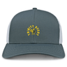 The Trinity College Retro Trucker Cap by EMB S&S Activewear is a gray and white hat with a yellow "Trinity Rugby" embroidered rooster emblem on the front and an adjustable snapback closure.