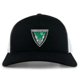 The Birmingham Rugby Retro Trucker Cap by EMB S&S Activewear is a black and white snapback featuring the team logo with a lightning bolt, torch, and "Est 1967" embroidered on the front.