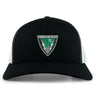 The Birmingham Rugby Retro Trucker Cap by EMB S&S Activewear is a black and white snapback featuring the team logo with a lightning bolt, torch, and "Est 1967" embroidered on the front.
