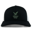 The Zionsville Rugby Club Retro Trucker Cap by EMB S&S Activewear features a black and white design, green eagle logo, "Zionsville Rugby Est. 2003" embroidery on the front panel, and an adjustable snapback closure for comfort.