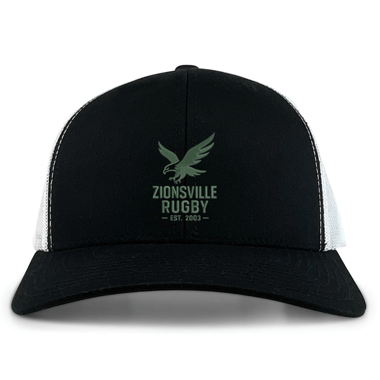 The Zionsville Rugby Club Retro Trucker Cap by EMB S&S Activewear features a black and white design, green eagle logo, "Zionsville Rugby Est. 2003" embroidery on the front panel, and an adjustable snapback closure for comfort.