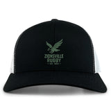 The Zionsville Rugby Club Retro Trucker Cap by EMB S&S Activewear features a black and white design, green eagle logo, "Zionsville Rugby Est. 2003" embroidery on the front panel, and an adjustable snapback closure for comfort.