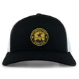 The Pittsburgh Forge Retro Trucker Cap by EMB S&S Activewear features a black and white design, circular club logo in yellow, black, and red, embroidered front, and an adjustable snapback closure for a perfect fit.
