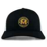 The Pittsburgh Forge Retro Trucker Cap by EMB S&S Activewear features a black and white design, circular club logo in yellow, black, and red, embroidered front, and an adjustable snapback closure for a perfect fit.