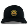 The Pittsburgh Forge Retro Trucker Cap by EMB S&S Activewear features a black and white design, circular club logo in yellow, black, and red, embroidered front, and an adjustable snapback closure for a perfect fit.
