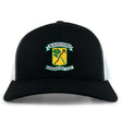 The EMB S&S Activewear Blackthorn RFC Retro Trucker Cap is a black and white cap featuring an embroidered Blackthorn Football Rugby Club logo on the front and a classic adjustable snapback closure.