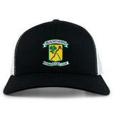 The EMB S&S Activewear Blackthorn RFC Retro Trucker Cap is a black and white cap featuring an embroidered Blackthorn Football Rugby Club logo on the front and a classic adjustable snapback closure.