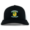 The EMB S&S Activewear Blackthorn RFC Retro Trucker Cap is a black and white cap featuring an embroidered Blackthorn Football Rugby Club logo on the front and a classic adjustable snapback closure.