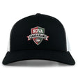 The NOVA Barbarians Retro Trucker Cap by EMB S&S Activewear features black and white panels, an embroidered football logo on the front, and a snapback closure for adjustable fit.