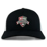 The NOVA Barbarians Retro Trucker Cap by EMB S&S Activewear features black and white panels, an embroidered football logo on the front, and a snapback closure for adjustable fit.