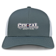 The CenCal Rugby Retro Trucker Cap by EMB S&S Activewear features gray and white panels, an embroidered “CENCAL RUGBY CLUB” in blue, white, and red, plus a comfy snapback closure for a perfect fit.
