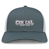 The CenCal Rugby Retro Trucker Cap by EMB S&S Activewear features gray and white panels, an embroidered “CENCAL RUGBY CLUB” in blue, white, and red, plus a comfy snapback closure for a perfect fit.