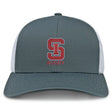 The St. Ignatius Rugby Retro Trucker Cap by EMB S&S Activewear features a gray and white design with a bold red "S" and "RUGBY" embroidered on the front, plus an adjustable snapback closure for comfort.