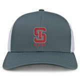 The St. Ignatius Rugby Retro Trucker Cap by EMB S&S Activewear features a gray and white design with a bold red "S" and "RUGBY" embroidered on the front, plus an adjustable snapback closure for comfort.