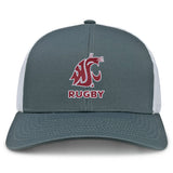 The EMB S&S Activewear Washington State University Retro Trucker Cap features a gray and white mesh design, an embroidered red cougar logo above bold "RUGBY" text on the front, and an adjustable snapback closure.