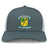 The Blackthorn RFC Retro Trucker Cap by EMB S&S Activewear features a gray and white mesh back, embroidered crest logo with shamrock and blackthorn stick on a yellow shield, and a snapback closure for adjustable fit.