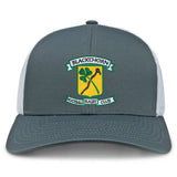 The Blackthorn RFC Retro Trucker Cap by EMB S&S Activewear features a gray and white mesh back, embroidered crest logo with shamrock and blackthorn stick on a yellow shield, and a snapback closure for adjustable fit.