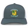 The Blackthorn RFC Retro Trucker Cap by EMB S&S Activewear features a gray and white mesh back, embroidered crest logo with shamrock and blackthorn stick on a yellow shield, and a snapback closure for adjustable fit.