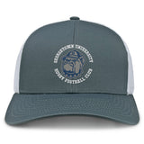 The EMB S&S Activewear Georgetown University RFC Retro Trucker Cap features a gray and white design, an embroidered bulldog mascot logo on the front, and a snapback closure for easy adjustment.