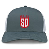 The EMB S&S Activewear San Diego Legion Rugby Academy Retro Trucker Cap is gray and white with a red and white "Legion SD" embroidered design on the front.