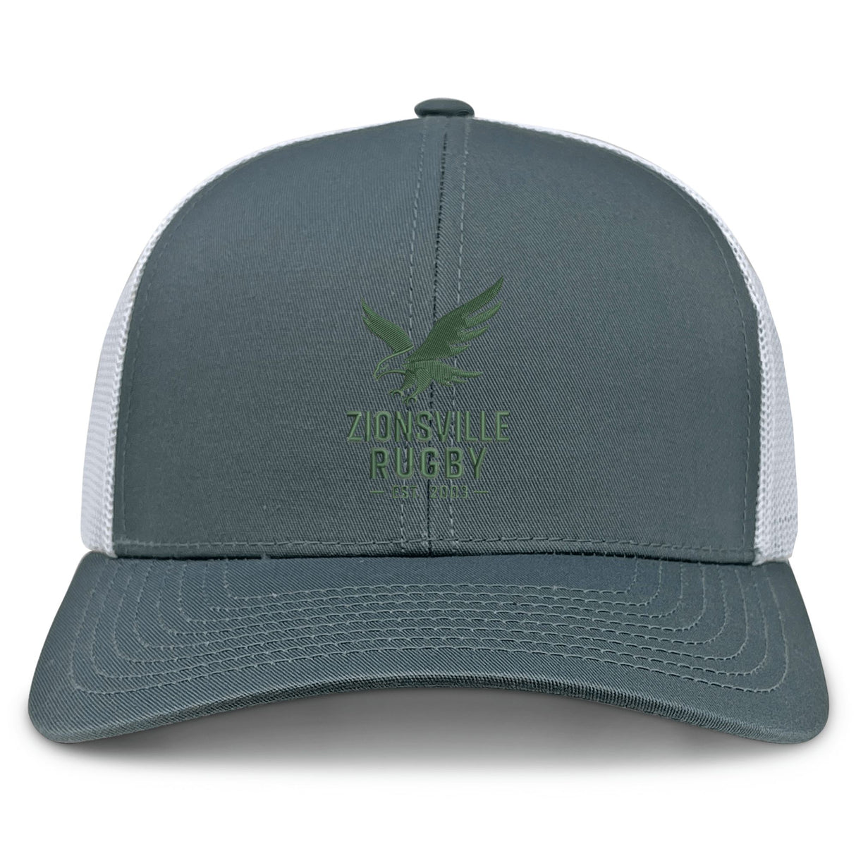 The Zionsville Rugby Club Retro Trucker Cap by EMB S&S Activewear features a gray and white design with an embroidered eagle logo, "Zionsville Rugby" text on the front, and a snapback closure.