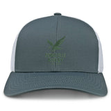The Zionsville Rugby Club Retro Trucker Cap by EMB S&S Activewear features a gray and white design with an embroidered eagle logo, "Zionsville Rugby" text on the front, and a snapback closure.