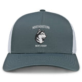 The Northeastern University Men's Rugby Retro Trucker Cap by EMB S&S Activewear features a gray and white design with an embroidered husky head logo, "Northeastern Men's Rugby" text, and an adjustable snapback closure.