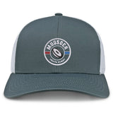 The Mudsock Rugby Retro Trucker Cap by EMB S&S Activewear is a gray and white cap with a circular "Mudsock Youth Rugby" embroidered patch on the front and classic snapback closure.