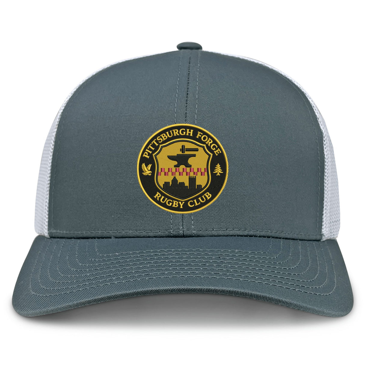 The Pittsburgh Forge Retro Trucker Cap by EMB S&S Activewear features a gray and white design, round embroidered club logo in yellow, black, and red on the front, and an adjustable snapback closure for a custom fit.