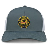 The Pittsburgh Forge Retro Trucker Cap by EMB S&S Activewear features a gray and white design, round embroidered club logo in yellow, black, and red on the front, and an adjustable snapback closure for a custom fit.