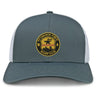 The Pittsburgh Forge Retro Trucker Cap by EMB S&S Activewear features a gray and white design, round embroidered club logo in yellow, black, and red on the front, and an adjustable snapback closure for a custom fit.